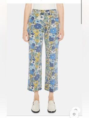 NWT SIZE 27- MOTHER Floral-Print Wide-Leg Jeans in Blue, Yellow & Green